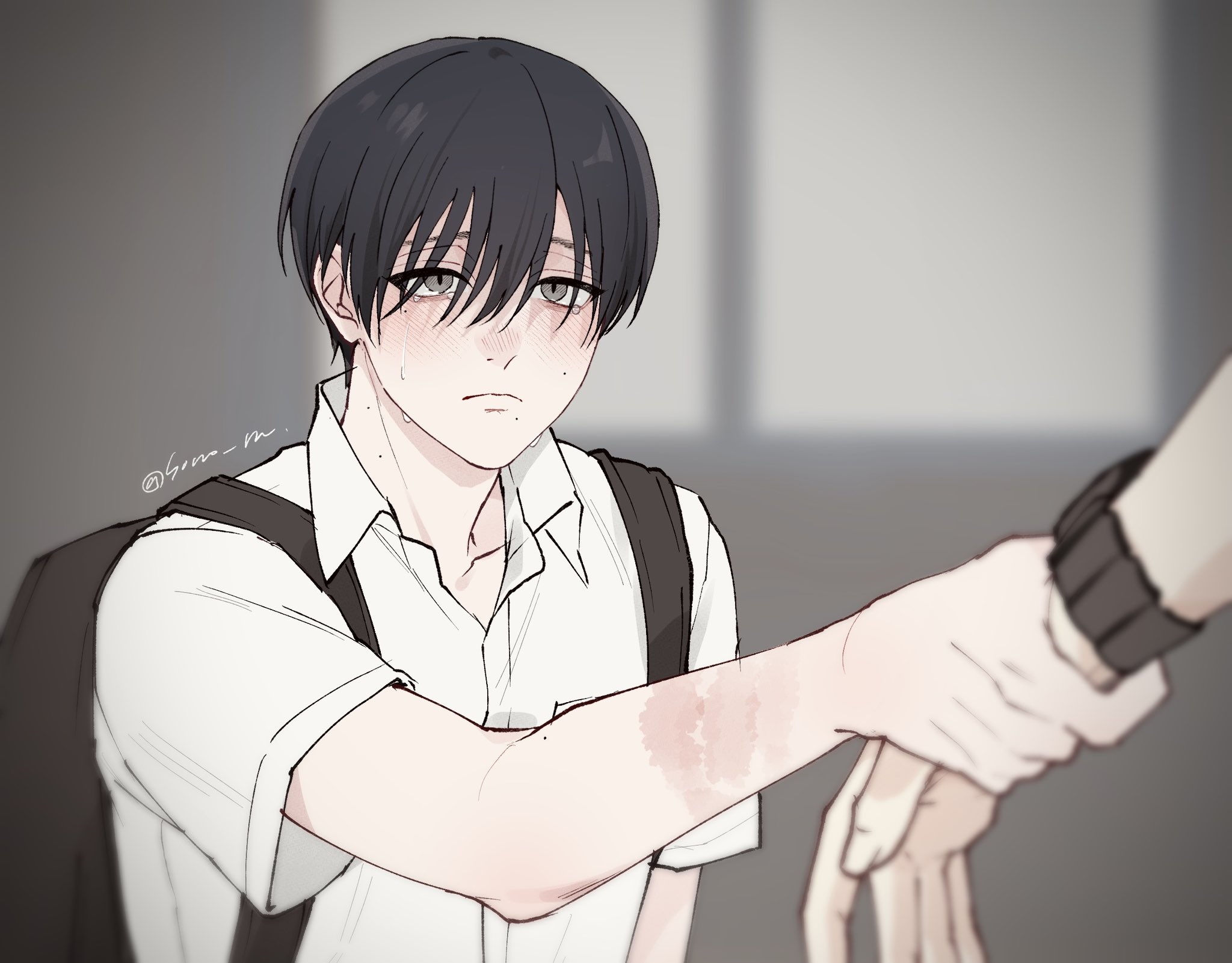 sono nu, indou hikaru, tsujinaka yoshiki, hikaru ga shinda natsu, commentary, highres, symbol-only commentary, 2boys, backpack, bag, black bag, black hair, blush, closed mouth, collared shirt, fingernails, hand on another's wrist, male focus, mole, mole on arm, mole on cheek, mole on neck, mole under eye, mole under mouth, multiple boys, multiple moles, out of frame, shirt, short hair, short sleeves, solo focus, twitter username, upper body, watch, white shirt, wristwatch