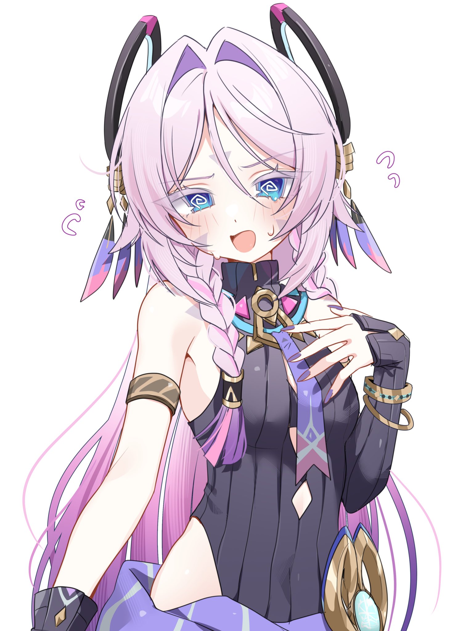 sentouryoku 5, citlali (genshin impact), genshin impact, highres, 1girl, @ @, armlet, black shirt, blue eyes, blush, bracelet, braid, breasts, closed mouth, clothing cutout, colored eyelashes, detached sleeves, facial mark, flying sweatdrops, gradient hair, halter leotard, halterneck, hand on own chest, jewelry, leotard, long hair, looking at viewer, multicolored hair, pink hair, purple nails, shirt, single detached sleeve, sleeveless, small breasts, solo, upper body, white background