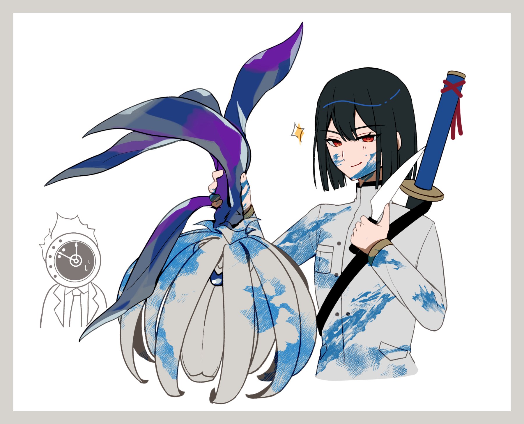 dante (limbus company), ryoshu (project moon), arknights, limbus company, project moon, highres, 1girl, 1other, blood, blue blood, blush, death, deep sea slider (arknights), holding, holding knife, knife, sweatdrop, te4 p0t, white background
