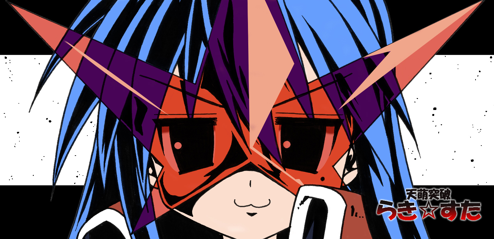 lapislazuli31, omachi (pixiv), izumi konata, simon (ttgl), lucky star, tengen toppa gurren lagann, bad id, bad pixiv id, 1girl, :3, blue hair, cosplay, female focus, kamina shades, mole, mole under eye, parody, simon (cosplay), solo, style parody, sunglasses