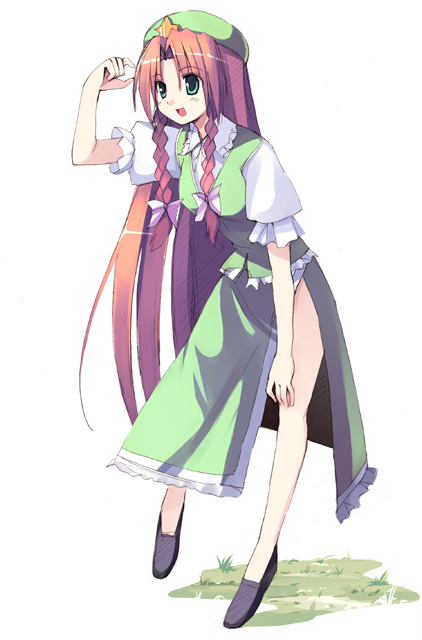 seo tatsuya, hong meiling, embodiment of scarlet devil, touhou, 1girl, braid, china dress, chinese clothes, dress, female focus, full body, green eyes, hat, long hair, red hair, ribbon, solo, twin braids, very long hair