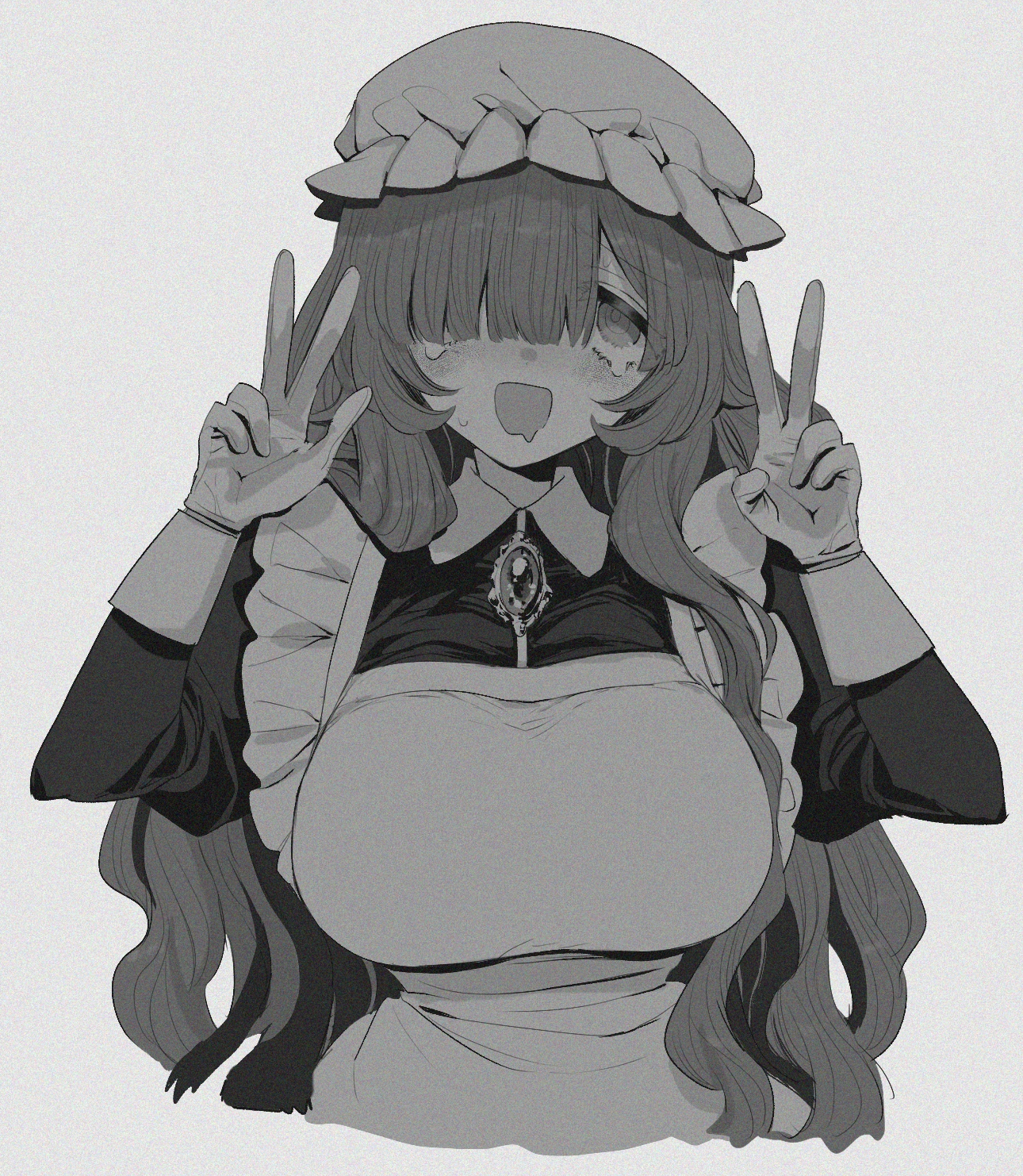 eurasia (wtp09ptw14), francoise (eurasia), original, commentary request, highres, 1girl, :d, apron, breasts, brooch, collared dress, cropped torso, double w, dress, drooling, facing viewer, frilled apron, frills, gloves, greyscale, hair over one eye, hands up, hat, jewelry, large breasts, long bangs, long hair, long sleeves, looking up, maid, maid apron, mob cap, monochrome, mouth drool, one eye covered, open mouth, parted bangs, ringed eyes, rolling eyes, simple background, small sweatdrop, smile, solo, tareme, tearing up, w, white background