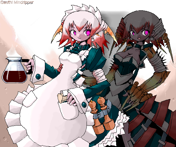 yone88, yonezuka ryou, dauthi mindripper, magic: the gathering, aliasing, tagme, 1girl, apron, breasts, character name, cleavage, coffee, female focus, large breasts, looking at viewer, maid, maid apron, multicolored hair, pink eyes, red hair, siblings, smile, solo, twins, two-tone hair
