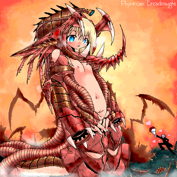 phyrexian dreadnought, magic: the gathering, 1boy, 1girl, blonde hair, blue eyes, breasts, flat chest, monster girl, navel, nude, pussy, standing, uncensored
