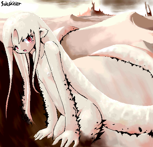 yone88, yonezuka ryou, saltskitter, magic: the gathering, aliasing, lowres, 1girl, character name, desert, female focus, flat chest, long hair, looking at viewer, monster girl, outdoors, personification, red eyes, solo, tentacles, white hair