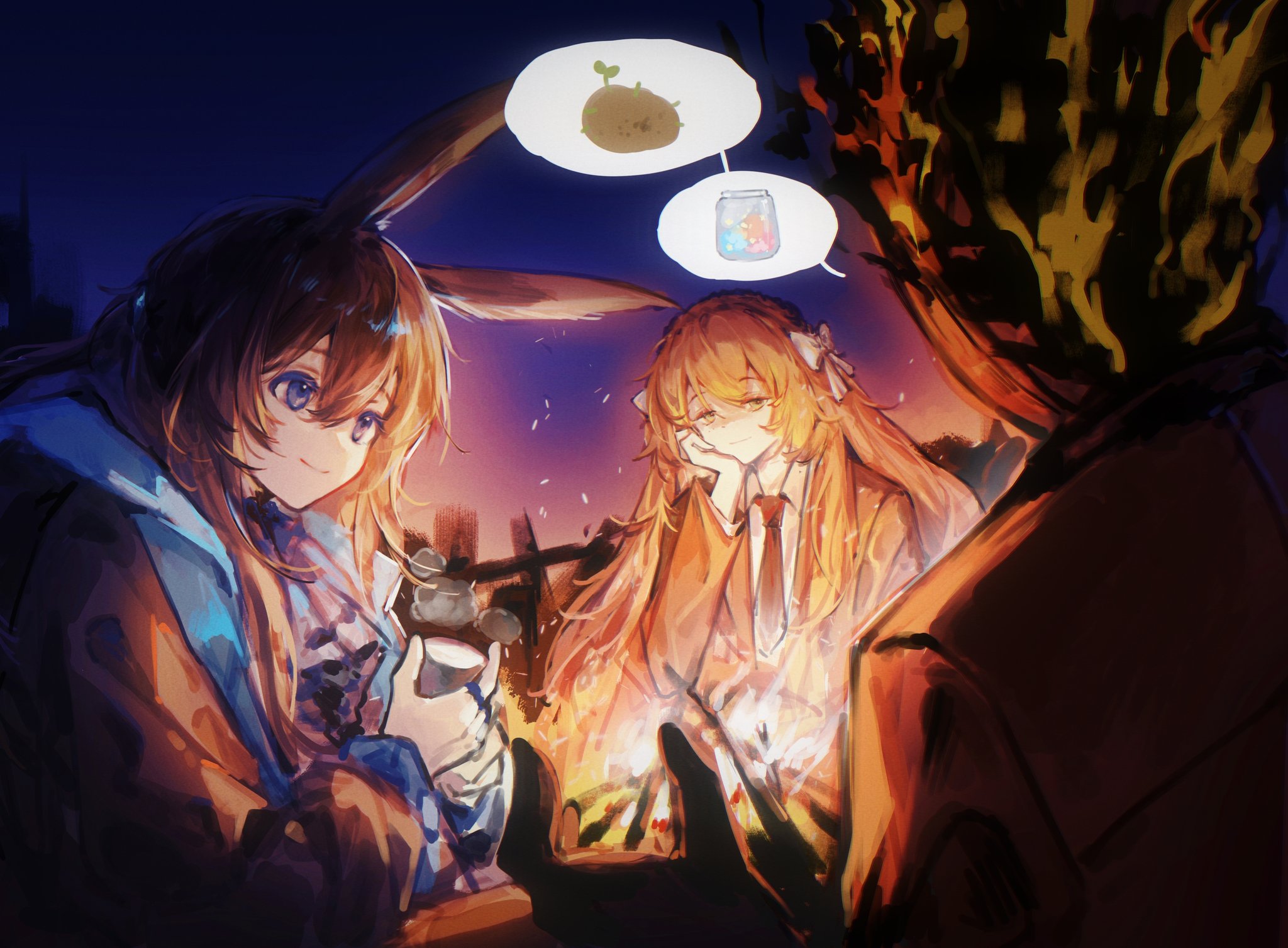 kinala6490098, amiya (arknights), dante (limbus company), ishmael (project moon), arknights, limbus company, project moon, highres, 1other, 2girls, animal ears, blue eyes, campfire, long hair, multiple girls, night, object head, orange hair, potato, rabbit ears