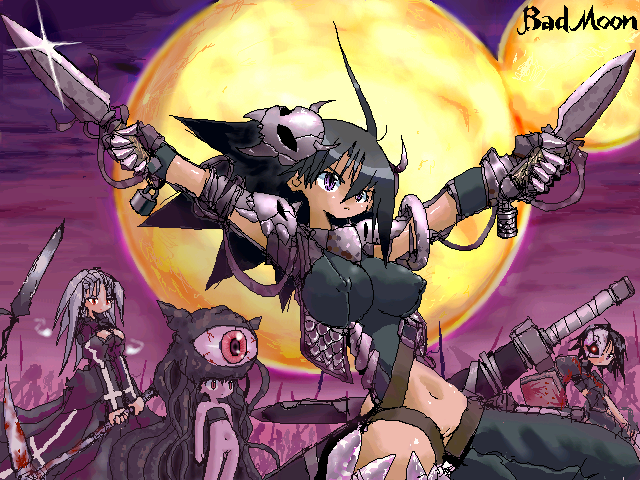yone88, yonezuka ryou, magic: the gathering, aliasing, 4girls, battlefield, black hair, blood, bottomless, breasts, dual wielding, flat chest, holding, impossible clothes, large breasts, monster girl, moon, multiple girls, multiple moons, navel, night, outdoors, purple eyes, scythe, sword, third eye, weapon, white hair