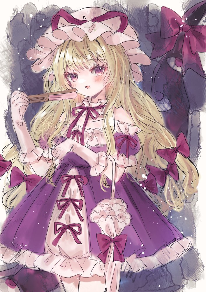 jaku sono, yakumo yukari, touhou, commentary, 1girl, bare shoulders, blonde hair, blush, choker, dress, folded fan, folded umbrella, folding fan, frilled choker, frills, gap (touhou), gloves, hair ribbon, hand fan, hat, holding, holding fan, holding umbrella, long hair, looking at viewer, mob cap, off-shoulder dress, off shoulder, parted lips, purple dress, purple eyes, ribbon, ribbon choker, smile, solo, umbrella, white gloves