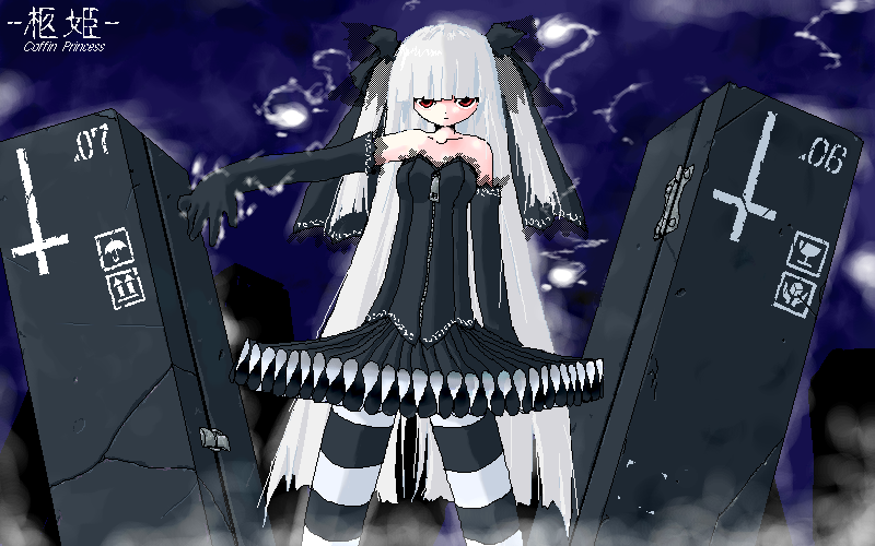 yone88, yonezuka ryou, magic: the gathering, aliasing, 1girl, bare shoulders, coffin, cross, elbow gloves, female focus, gloves, gothic lolita, inverted cross, lolita fashion, long hair, looking at viewer, red eyes, solo, striped clothes, striped thighhighs, thighhighs, two side up, very long hair, white hair, zipper