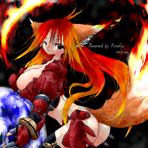 yone88, yonezuka ryou, mozilla firefox, aliasing, 1girl, animal ears, armor, ass, breasts, earth (planet), english text, female focus, fingerless gloves, fire, fox ears, fox tail, gloves, large breasts, long hair, looking at viewer, multicolored hair, nipple slip, nipples, orange hair, planet, revealing clothes, solo, tail, text focus, thighhighs, very long hair