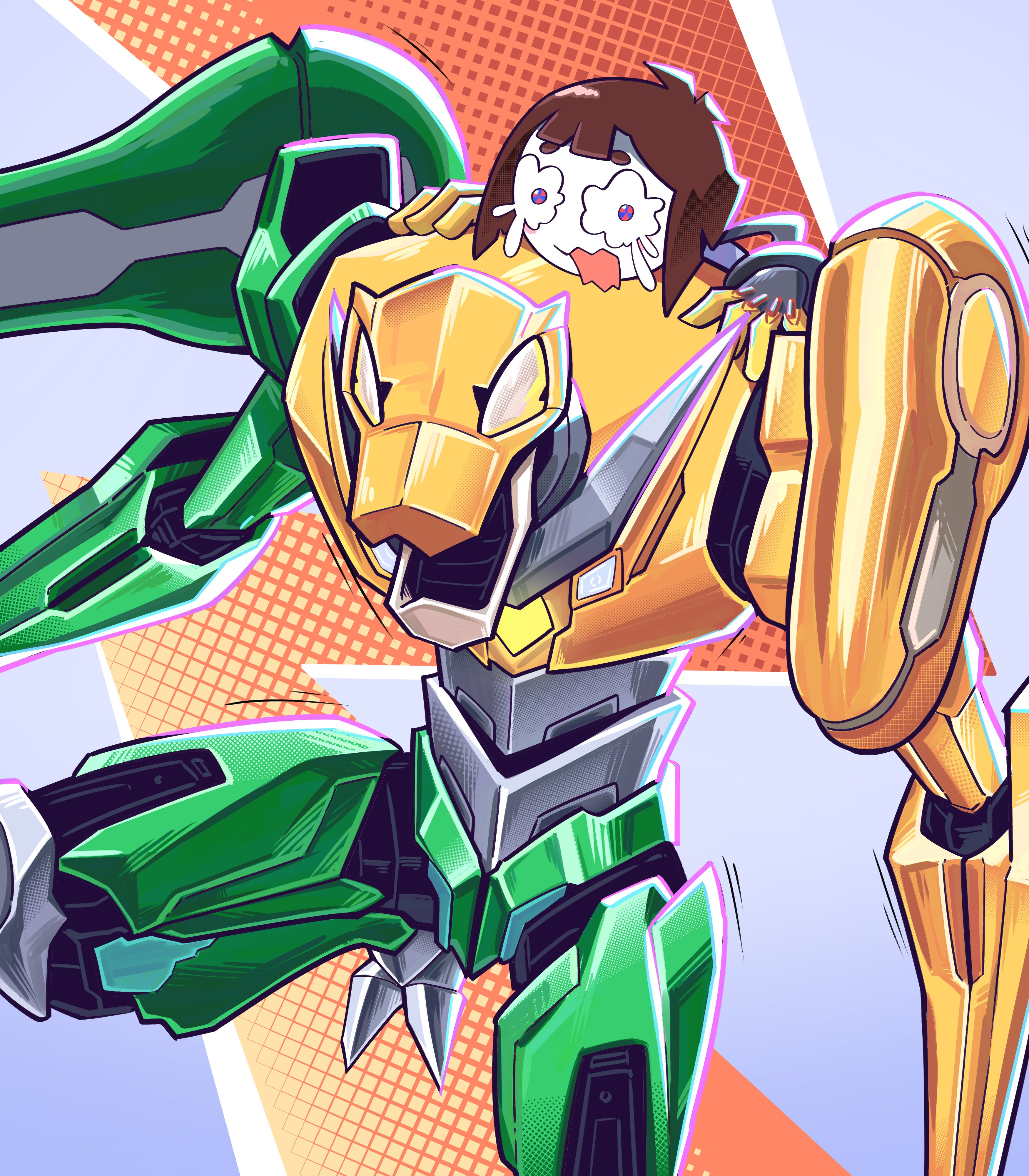 gummigoo, peni parker, pomni (the amazing digital circus), sp//dr, marvel, marvel rivals, the amazing digital circus, absurdres, hashtag-only commentary, highres, 1boy, 1girl, blue eyes, blunt ends, brown hair, cosplay, crossover, hebinalmeog, mecha, motion lines, multicolored eyes, on mecha, open mouth, peni parker (cosplay), red eyes, robot, scared, short hair, tears, two-tone eyes