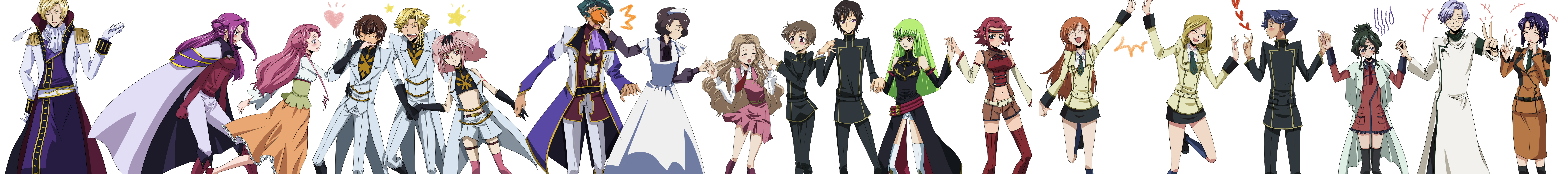 freckle, furekuru (freckle), anya alstreim, c.c., cecile croomy, cornelia li britannia, euphemia li britannia, gino weinberg, jeremiah gottwald, kouzuki kallen, kururugi suzaku, lelouch vi britannia, lloyd asplund, milly ashford, nina einstein, nunnally vi britannia, rivalz cardemonde, rolo lamperouge, schneizel el britannia, shinozaki sayoko, shirley fenette, code geass, absurdres, bad id, bad pixiv id, highres, long image, wide image, 00s, 6+boys, 6+girls, angry, bare shoulders, belt, black hair, blonde hair, blue eyes, blush, cape, closed eyes, detached sleeves, dress, everyone, food, fruit, glasses, green hair, headband, holding hands, long hair, maid, midriff, military, military uniform, multiple boys, multiple girls, one eye closed, orange (fruit), orange hair, pink hair, ponytail, purple eyes, purple hair, school uniform, serafuku, short hair, sleeveless, sleeveless turtleneck, thighhighs, turtleneck, v, very long hair, wink, yellow eyes, zettai ryouiki