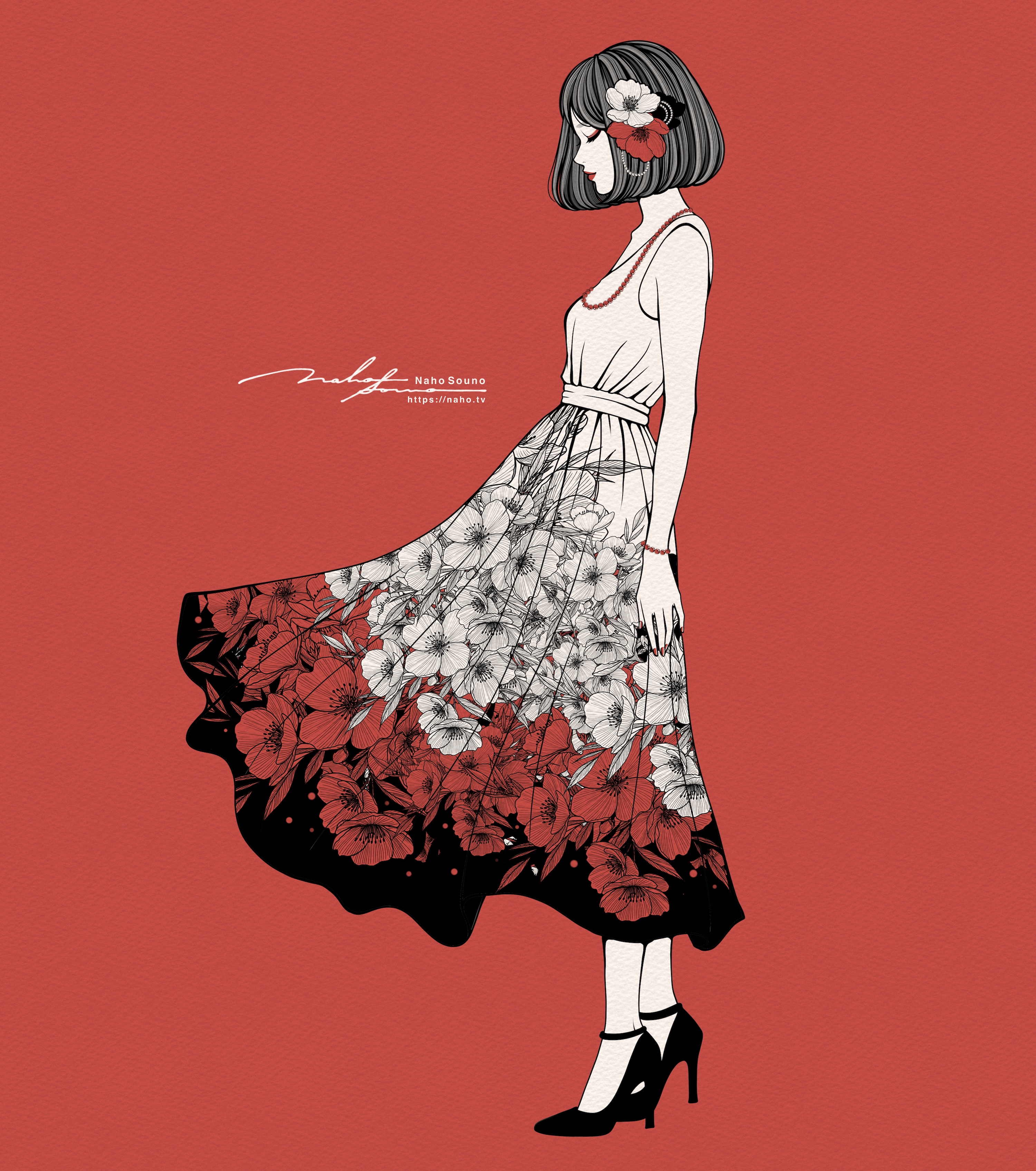 naho graphics, original, absurdres, commentary, flower request, highres, 1girl, armpit crease, arms at sides, artist name, bare arms, bare shoulders, bead bracelet, bead necklace, beads, bob cut, bracelet, breasts, closed eyes, closed mouth, dress, eyeshadow, fingernails, floating clothes, floral print, floral print dress, flower, from side, full body, hair flower, hair ornament, high heels, jewelry, lipstick, long dress, makeup, medium breasts, monochrome, nail polish, necklace, paper texture, print dress, profile, red background, red eyeshadow, red flower, red lips, red nails, red theme, shoes, short hair, signature, simple background, sleeveless, sleeveless dress, solo, standing, watermark, web address