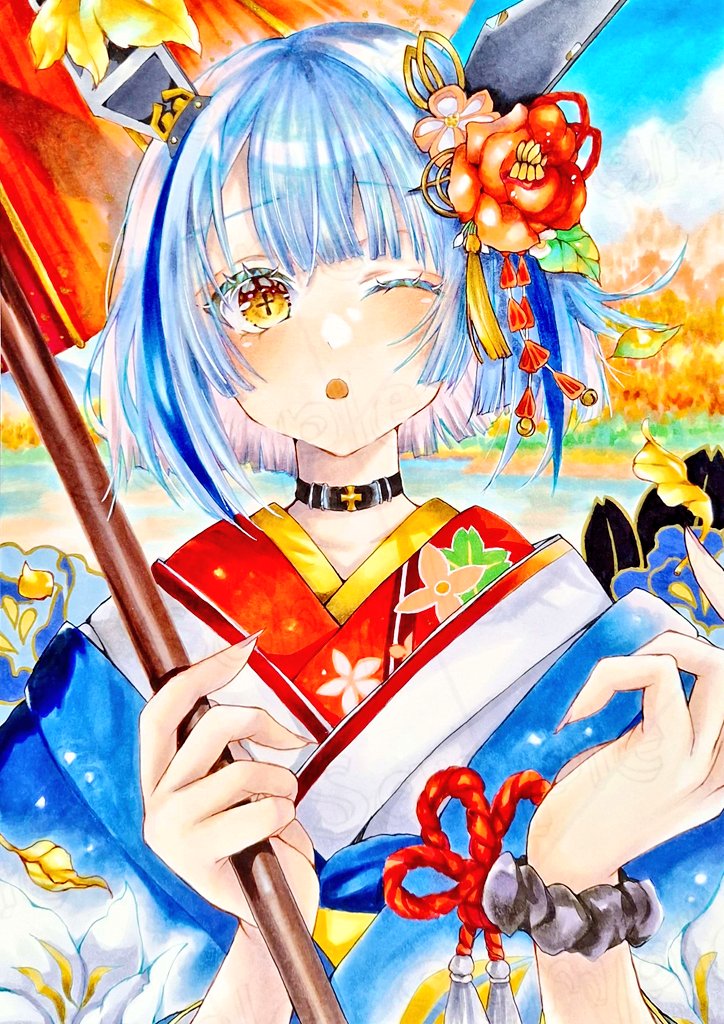 kishimon-08, gascogne (azur lane), gascogne (traveling mood mechanism) (azur lane), azur lane, marker (medium), traditional media, + +, 1girl, black choker, blue hair, blue kimono, choker, cross-shaped pupils, hair ornament, holding, holding umbrella, japanese clothes, kimono, looking at viewer, official alternate costume, oil-paper umbrella, one eye closed, outdoors, parted lips, short hair, solo, symbol-shaped pupils, umbrella, upper body, yellow eyes
