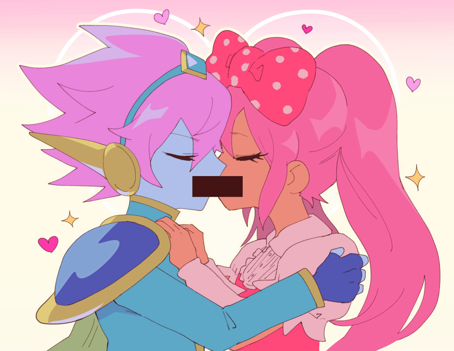g tsurius, captain spaceboy, sweetheart (omori), omori, 1boy, 1girl, alternate color, bar censor, blue gloves, blue skin, bow, censored, censored kiss, closed eyes, colored skin, dark-skinned female, dark skin, dress, fingerless gloves, gloves, hair bow, hands on another's shoulders, heart, long hair, long sleeves, pink bow, pink dress, pink hair, polka dot, polka dot bow, puffy short sleeves, puffy sleeves, short hair, short sleeves, twintails