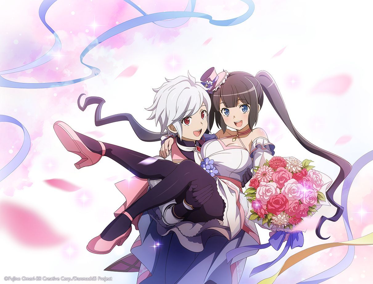 bell cranel, hestia (danmachi), danmachi battle chronicle, dungeon ni deai wo motomeru no wa machigatteiru darou ka, commentary, english commentary, official art, second-party source, 1boy, 1girl, :d, anime coloring, bare shoulders, black gloves, black hair, black pantyhose, blue eyes, bouquet, breasts, carrying, cleavage, copyright notice, detached sleeves, dress, flower, formal clothes, gloves, halter dress, halterneck, hand on another's back, hand on another's thigh, hat, holding, holding bouquet, large breasts, long hair, looking at viewer, mini hat, mini top hat, official alternate costume, open mouth, pantyhose, pink flower, pink hat, pink rose, pink shoes, princess carry, red eyes, rose, shoes, short hair, sidelocks, smile, top hat, twintails, white dress, white hair