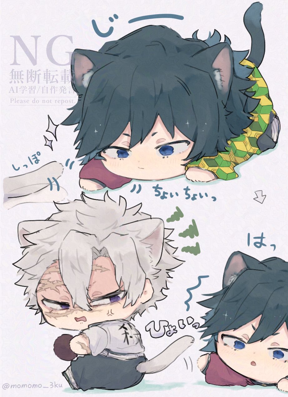 tomioka giyuu, kimetsu no yaiba, highres, 2boys, animal ears, black hair, blue eyes, cat boy, cat ears, cat tail, chibi, chibi only, demon slayer uniform, full body, grey hair, haori, japanese clothes, kikkoumon, low ponytail, male focus, momomo 3ku, multiple boys, multiple views, ponytail, print haori, purple eyes, red haori, spiked hair, tail, watermark
