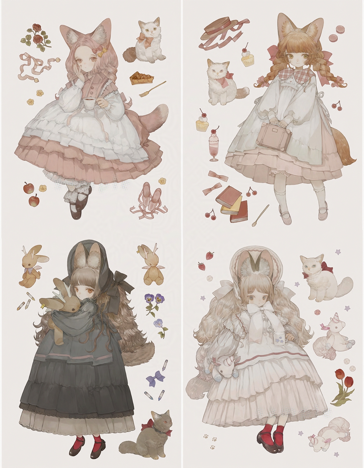 nekosuke (oxo), original, commentary, highres, symbol-only commentary, 4girls, animal ear fluff, animal ears, apron, black bonnet, black dress, bonnet, book, bow, braid, brown eyes, brown hair, cake, cake slice, cat, cat ears, cat girl, cat tail, cherry, cup, cupcake, dress, flower, food, fork, frilled apron, frills, fruit, full body, hair bow, hat, holding, holding cup, holding stuffed toy, holding suitcase, long hair, long sleeves, looking at viewer, mary janes, multiple girls, pink dress, red flower, red socks, ribbon, shoes, socks, strawberry, stuffed animal, stuffed rabbit, stuffed toy, stuffed unicorn, suitcase, tail, teacup, twin braids, unworn hat, unworn headwear, white apron, white dress, white socks