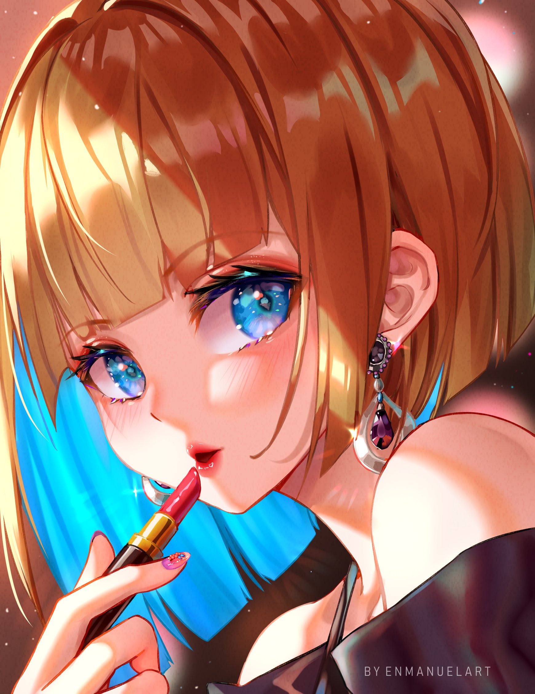 enma (enmanuelart), original, commentary, english commentary, highres, 1girl, artist name, bare shoulders, blue eyes, blue hair, blunt ends, blurry, blurry background, blush, colored inner hair, cosmetics, earrings, eyelashes, eyeshadow, holding, holding lipstick tube, jewelry, light particles, lipstick tube, looking at viewer, makeup, multicolored hair, orange eyeshadow, orange hair, parted lips, pink nails, portrait, purple shirt, red lips, shirt, solo, sparkle, watermark