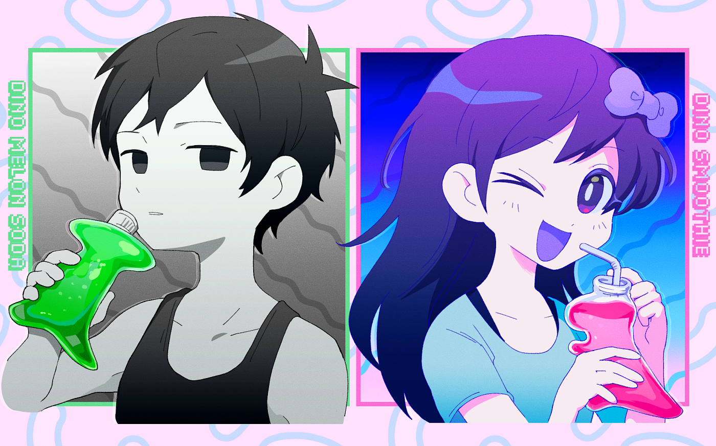 g tsurius, aubrey (headspace) (omori), aubrey (omori), omori (omori), omori, 1boy, 1girl, alternate color, antenna hair, black eyes, black hair, black tank top, blue shirt, blush, bottle, bow, bright pupils, collarbone, colored skin, colored tongue, double-parted bangs, drinking straw, hair bow, holding, holding bottle, looking at viewer, one eye closed, open mouth, parted lips, purple bow, purple eyes, purple hair, purple tongue, shirt, short hair, short sleeves, smile, t-shirt, tank top, white pupils, white skin