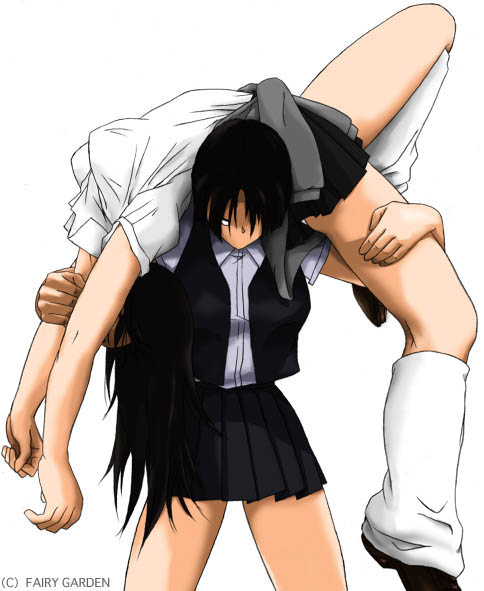 yu (fairy garden), 2girls, argentine backbreaker, backbreaker, black hair, kneehighs, multiple girls, school uniform, serafuku, signature, simple background, socks, submission, submission hold, white background, wrestling