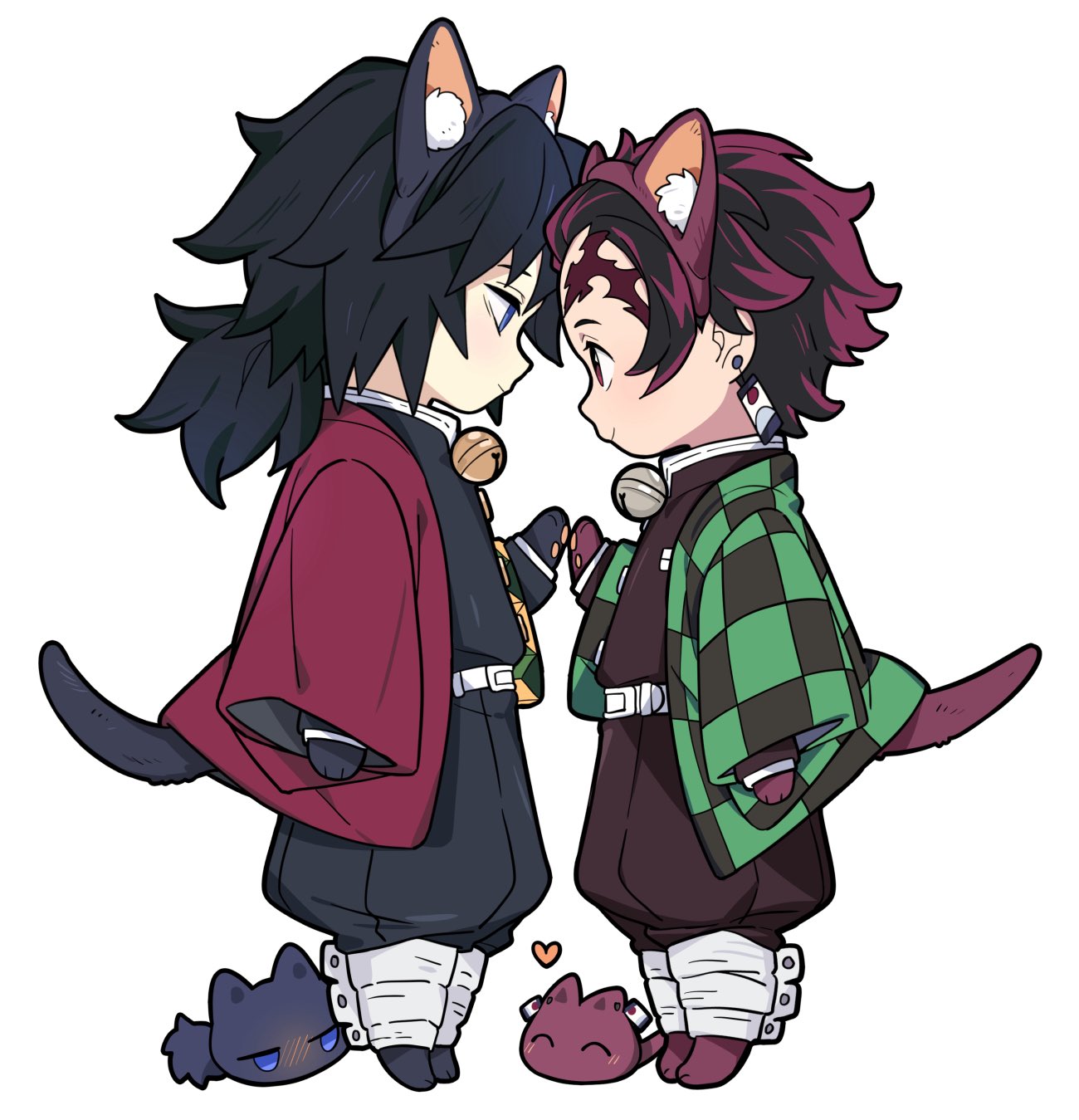 yanzhan, kamado tanjirou, tomioka giyuu, kimetsu no yaiba, highres, 2boys, animal ears, black hair, black jacket, buttons, cat boy, cat ears, cat girl, cat tail, demon slayer uniform, earrings, full body, gold buttons, hanafuda earrings, haori, high collar, jacket, japanese clothes, jewelry, kikkoumon, low ponytail, male focus, multiple boys, ponytail, print haori, profile, red hair, red haori, simple background, spiked hair, tail, white background