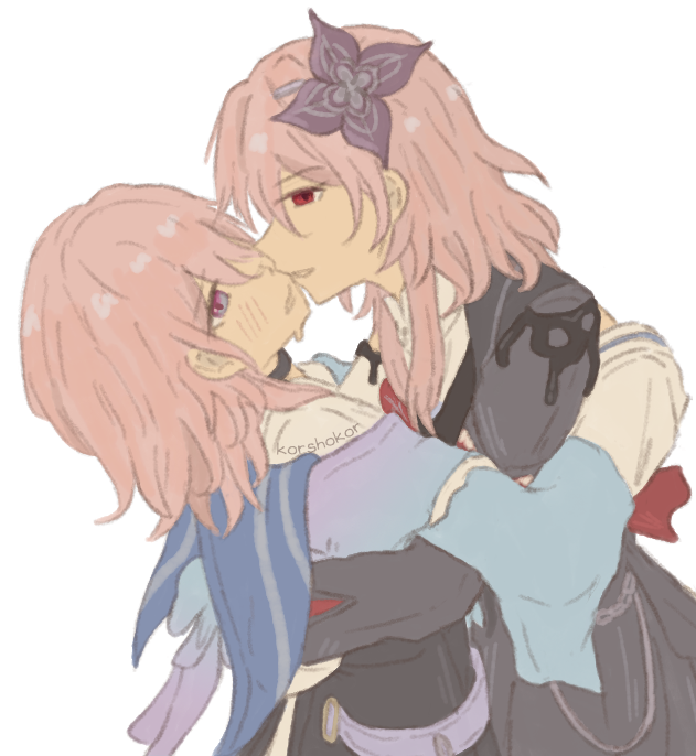 korshokor, evernight (honkai: star rail), march 7th (honkai: star rail), march 7th (preservation) (honkai: star rail), honkai: star rail, honkai (series), commentary, english commentary, 2girls, artist name, black choker, black dress, black skirt, blue bow, blue eyes, blue jacket, blush, bow, chain, choker, dress, dual persona, empty eyes, flower, hair between eyes, hair flower, hair ornament, half-closed eyes, hug, imminent kiss, jacket, long hair, long sleeves, looking at another, multicolored eyes, multiple girls, official alternate costume, official alternate hairstyle, open mouth, pink hair, puffy long sleeves, puffy sleeves, purple eyes, purple flower, red eyes, selfcest, shirt, short hair, sidelocks, simple background, skirt, smile, two-tone dress, white background, white dress, white shirt, yuri