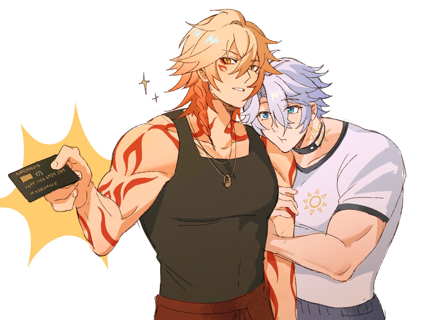 dadadabibadum, mydei (honkai: star rail), phainon (honkai: star rail), honkai: star rail, honkai (series), commentary, english commentary, 2boys, :t, adam's apple, arm tattoo, biceps, black tank top, blonde hair, blue eyes, braid, closed mouth, credit card, facial tattoo, holding, hug from side, jewelry, male focus, multiple boys, muscular, muscular male, neck tattoo, necklace, orange hair, red tattoo, shirt, short hair, side braid, simple background, single braid, sparkle, sun symbol, sun tattoo, tan, tank top, tattoo, white background, white hair, white shirt, yaoi, yellow eyes