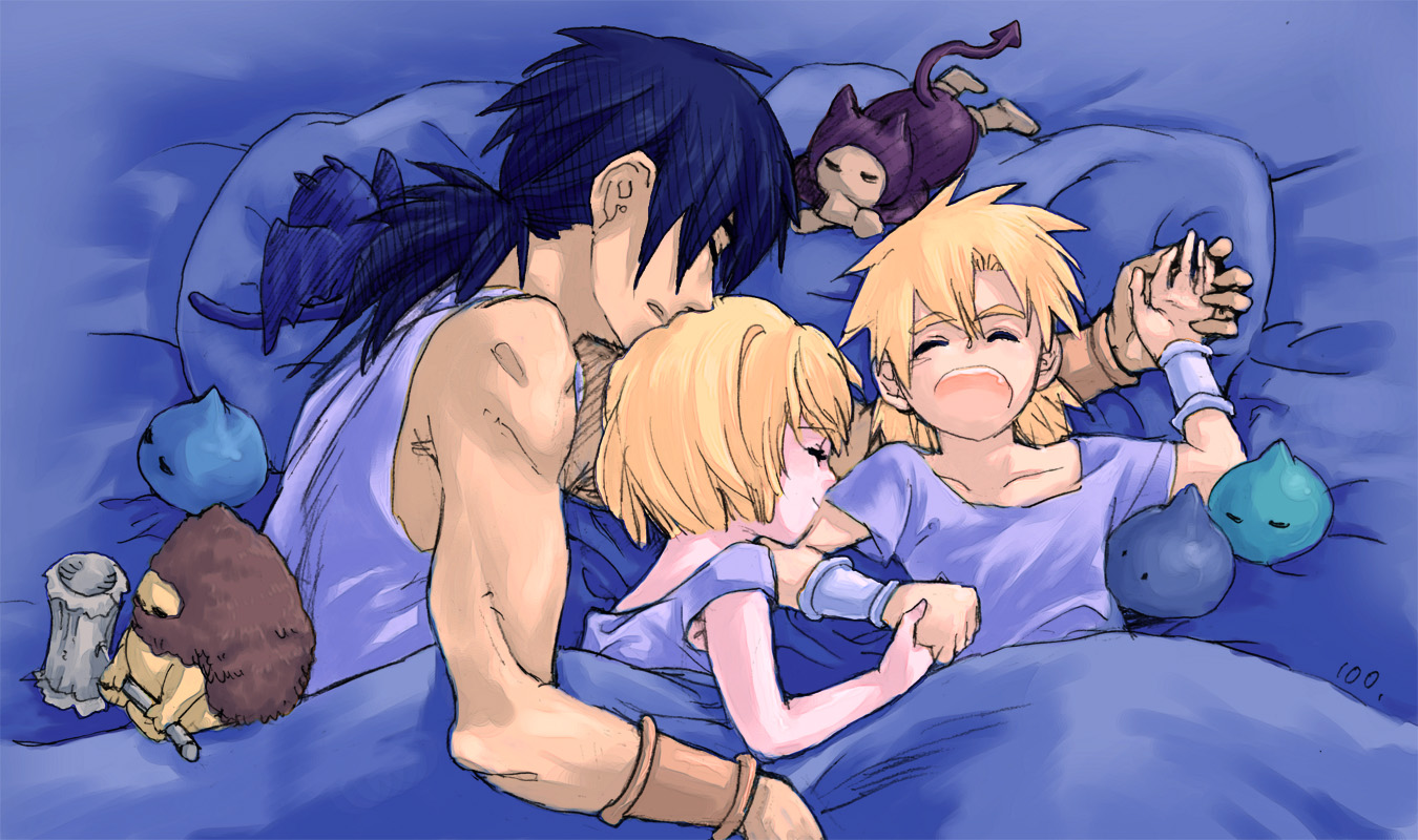 momo (gomenne), mou ii, hero's daughter (dq5), hero's son (dq5), hero (dq5), dragon quest, dragon quest v, bad id, bad pixiv id, 1girl, 2boys, bed, brother and sister, child, father and daughter, father and son, multiple boys, siblings, sleeping, twins