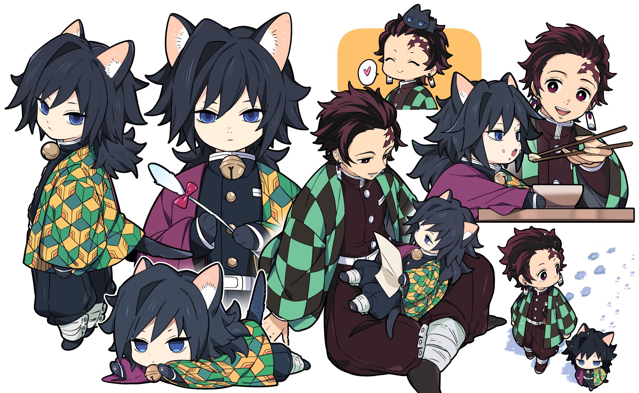 yanzhan, kamado tanjirou, tomioka giyuu, kimetsu no yaiba, highres, 2boys, animal ears, belt, black hair, black jacket, black pants, blue eyes, bright pupils, buttons, cat boy, cat ears, cat tail, chibi, demon slayer uniform, earrings, empty eyes, full body, gold buttons, hanafuda earrings, haori, heart, high collar, jacket, japanese clothes, jewelry, kikkoumon, low ponytail, male focus, multiple boys, multiple views, open mouth, pants, ponytail, print haori, red eyes, red hair, red haori, sitting, smile, spiked hair, spoken heart, tail, teeth, white belt, white pupils