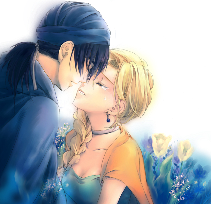 momo (gomenne), mou ii, bianca (dq5), hero (dq5), dragon quest, dragon quest v, bad id, bad pixiv id, 1boy, 1girl, blonde hair, blue hair, braid, couple, earrings, hair over shoulder, hetero, jewelry, long hair, muoii, short hair, single braid, tears