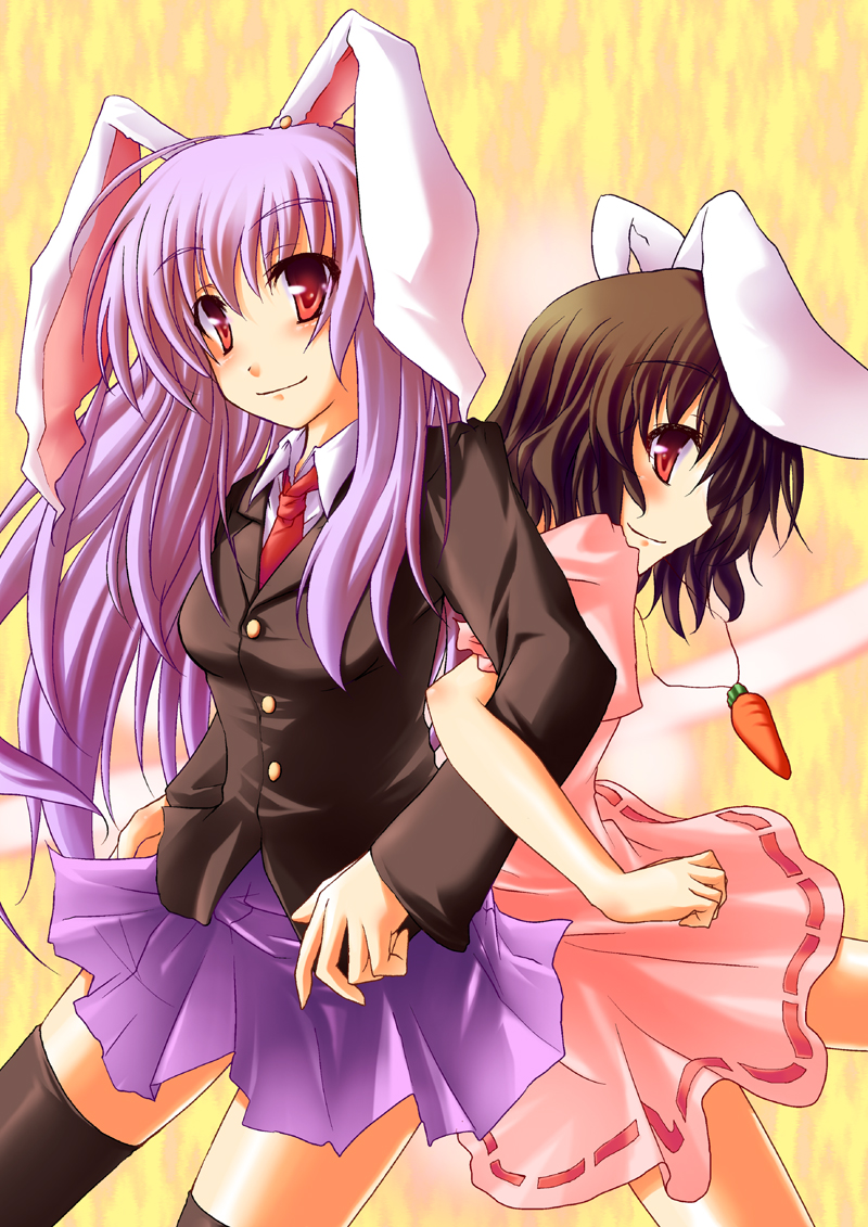 amano chiharu, chiharu (pixiv), inaba tewi, reisen udongein inaba, touhou, 2girls, animal ears, black hair, female focus, long hair, multiple girls, purple hair, rabbit ears, short hair, skirt, socks
