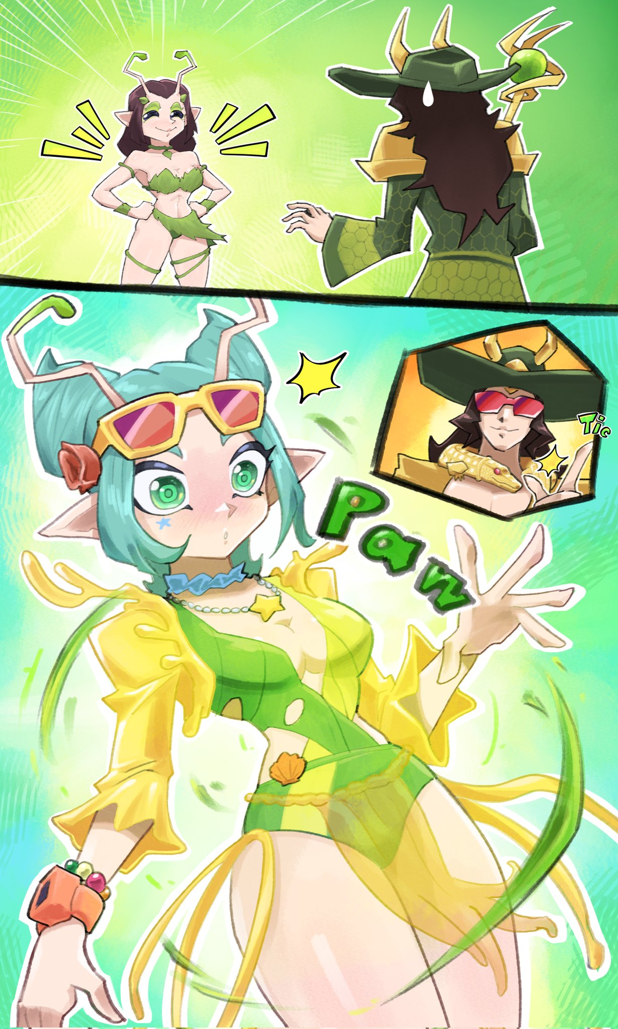 loki (marvel), loki (robe of relaxation) (marvel), mantis (marvel), mantis (oceanic harmony) (marvel), marvel, marvel rivals, commentary, english commentary, highres, 1boy, 1girl, alien, antennae, aqua eyes, aqua hair, bead bracelet, beads, black hair, bracelet, breasts, cleavage, double bun, emphasis lines, eyewear on head, green hat, green one-piece swimsuit, green robe, hair bun, hands on own hips, hat, hebinalmeog, holding, holding staff, horned hat, jewelry, leaf bra, long hair, medium breasts, midriff, necklace, official alternate costume, one-piece swimsuit, opaque sunglasses, open mouth, pink-tinted eyewear, plunging neckline, pointy ears, robe, snapping fingers, sound effects, staff, star (symbol), star necklace, surprised, sweatdrop, swimsuit, thigh strap, tinted eyewear, watch, wristwatch