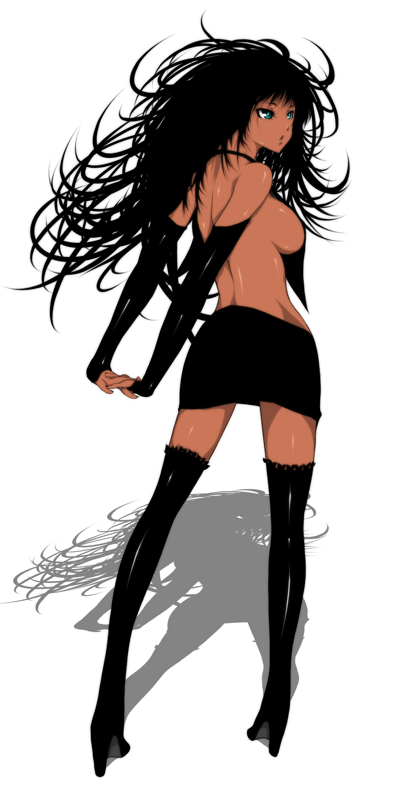 viola (seed), original, absurdres, bad id, bad pixiv id, highres, 1girl, aqua eyes, black hair, breasts, dark-skinned female, dark skin, female focus, high heels, long hair, long legs, pencil skirt, shoes, sideboob, skirt, solo, thighhighs
