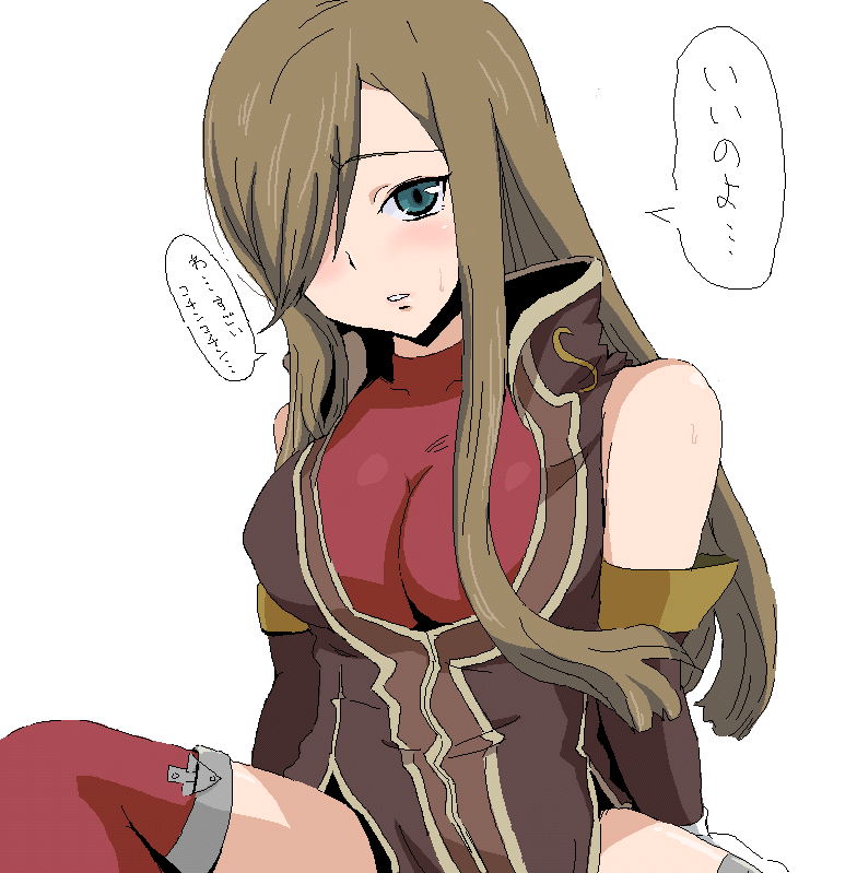 sima (sima30), tear grants, tales of (series), tales of the abyss, translation request, 00s, blue eyes, blush, brown hair, hair over one eye, oekaki, simple background, solo, speech bubble, thighhighs, white background