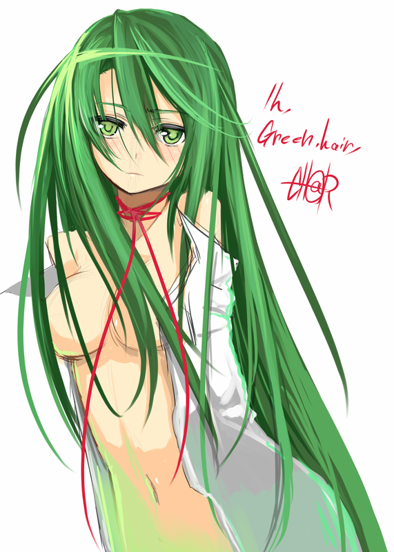 char, bad id, bad pixiv id, 1girl, female focus, green eyes, green hair, long hair, matching hair/eyes, open clothes, open shirt, shirt, solo, very long hair