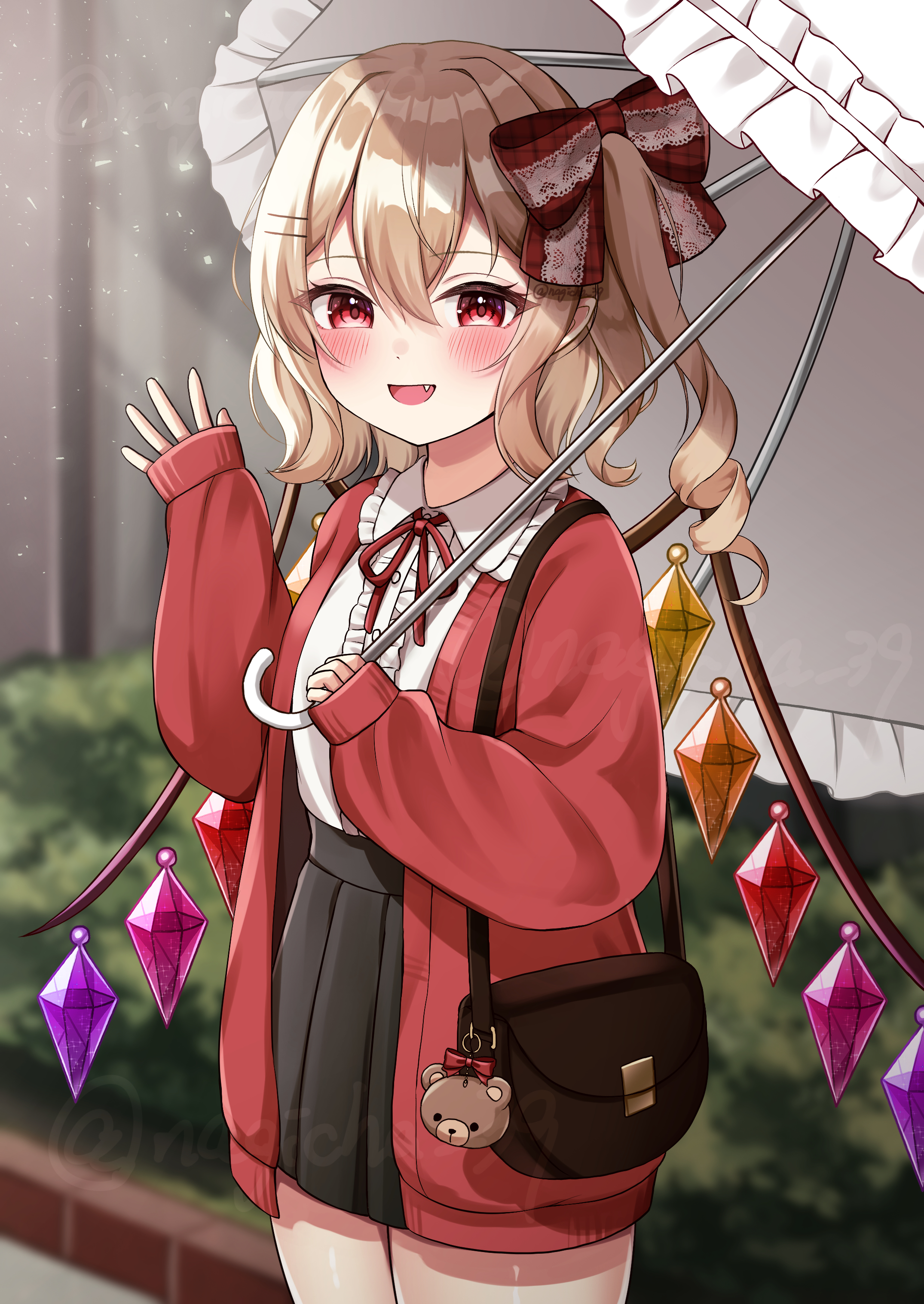 nagicha, flandre scarlet, touhou, absurdres, commentary request, highres, 1girl, :d, alternate costume, animal charm, bag, bag charm, bear charm, black bag, black skirt, blonde hair, blush, bow, bush, cardigan, center frills, charm (object), collared shirt, cowboy shot, crystal wings, fang, frilled shirt collar, frills, hair between eyes, hair bow, hair ornament, hairclip, handbag, high-waist skirt, holding, holding umbrella, light particles, long sleeves, looking at viewer, medium hair, multicolored wings, neck ribbon, open cardigan, open clothes, open mouth, outdoors, parallel hairclips, parasol, pleated skirt, red bow, red cardigan, red ribbon, ribbon, shirt, shirt tucked in, shoulder bag, side ponytail, skirt, sleeves past wrists, smile, solo, standing, twitter username, umbrella, waving, white shirt, white umbrella, wings