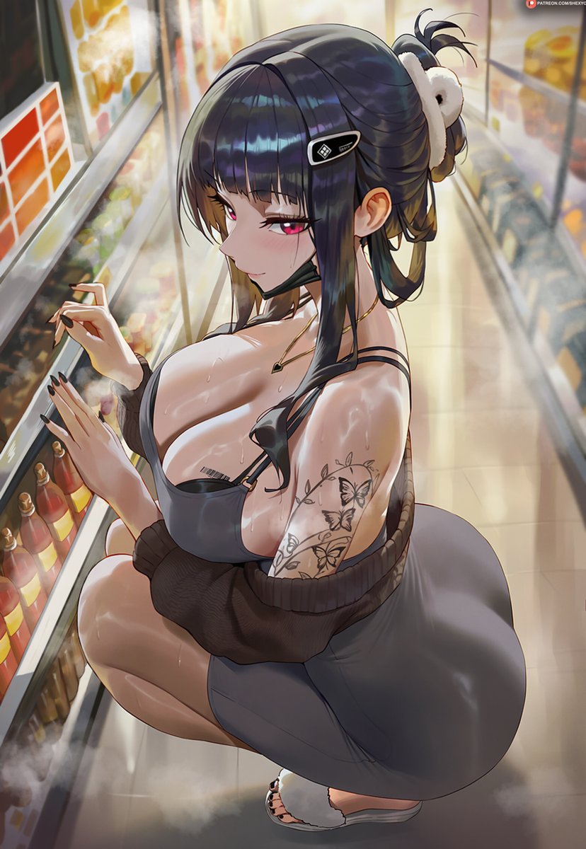 shexyo, 1girl, ass, bare shoulders, black bra, black hair, black nails, blunt bangs, blush, bra, breasts, cleavage, dress, full body, grey dress, hair ornament, hairclip, jewelry, large breasts, long hair, looking at viewer, mask, mask pull, mouth mask, nail polish, necklace, off shoulder, patreon username, red eyes, sandals, sidelocks, smile, solo, squatting, steam, sweat, sweater, tattoo, thighs, toenail polish, toenails, underwear