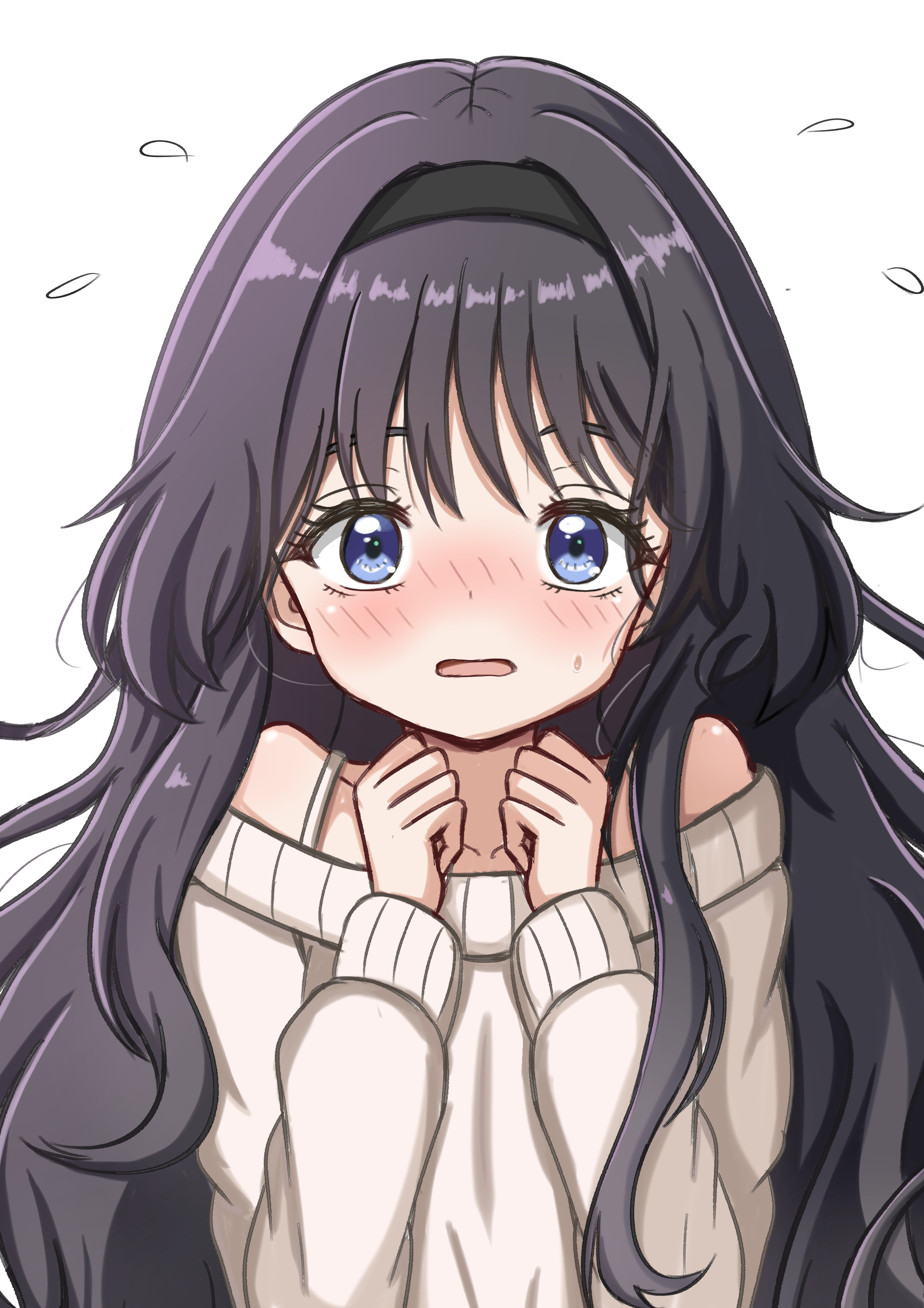 jiu (sdesd3205), waguri kaoruko, kaoru hana wa rin to saku, absurdres, highres, 1girl, black hair, blue eyes, blush, hairband, long hair, looking at viewer, solo, sweater, white background