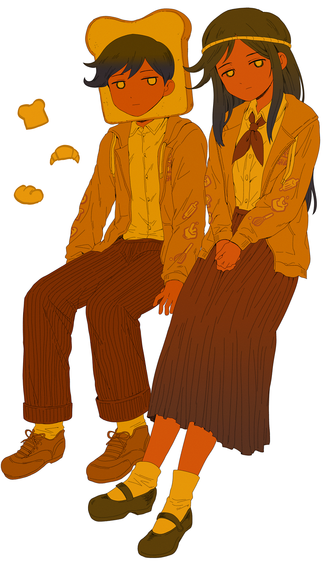 g tsurius, biscuit (omori), doughie (omori), omori, highres, 1boy, 1girl, alternate costume, black hair, black shoes, bread, bread slice, brother and sister, brown eyes, brown jacket, brown pants, brown shoes, brown skirt, closed mouth, collared shirt, dark-skinned female, dark-skinned male, dark skin, expressionless, food, jacket, long hair, long skirt, long sleeves, neckerchief, open clothes, open jacket, pants, pleated skirt, red neckerchief, shirt, shoes, short hair, siblings, skirt, socks, swept bangs, white background, white shirt, white socks