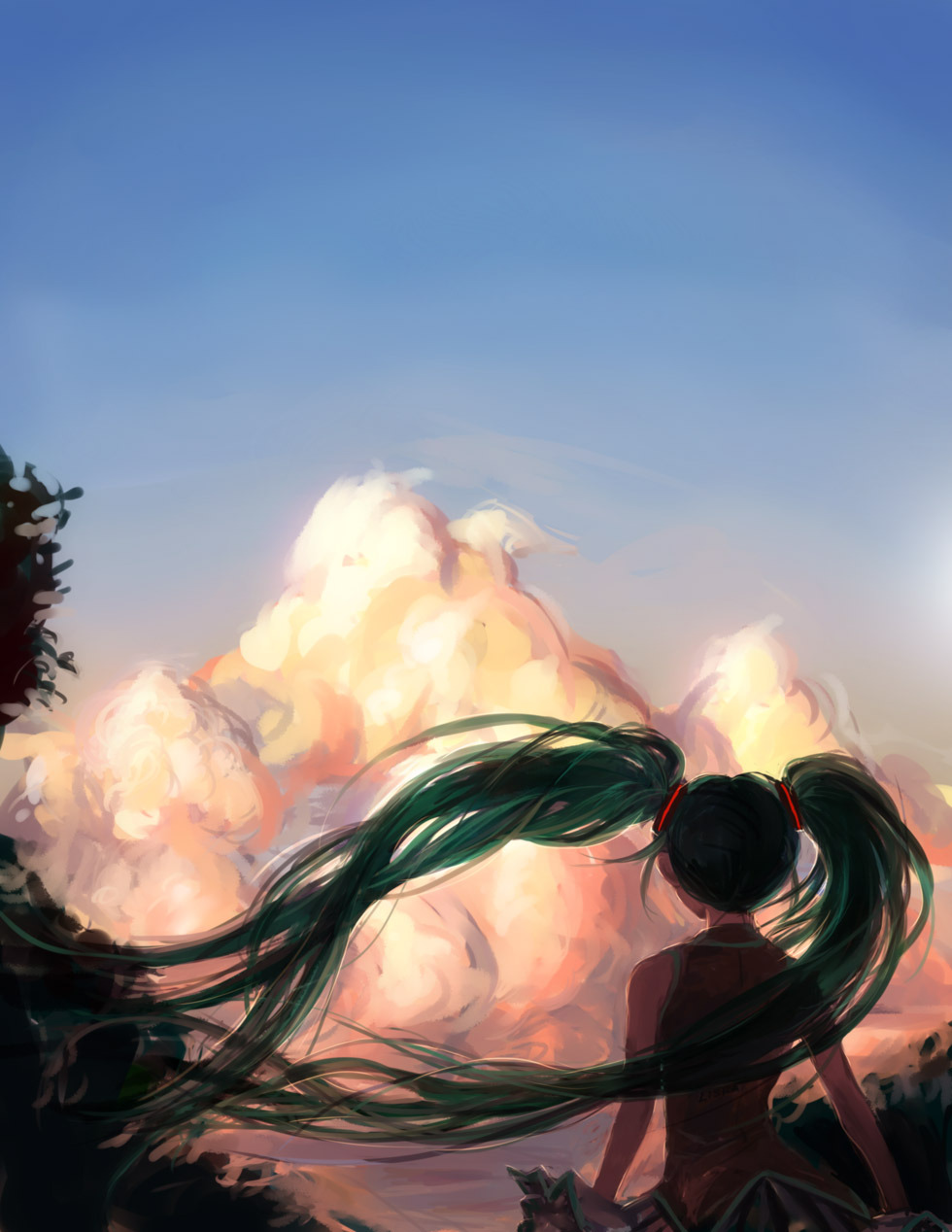centimetre, hatsune miku, vocaloid, commentary, english commentary, highres, 1girl, blue sky, cloud, from behind, green hair, long hair, miniskirt, shirt, skirt, sky, sleeveless, sleeveless shirt, solo, twintails, upper body, very long hair