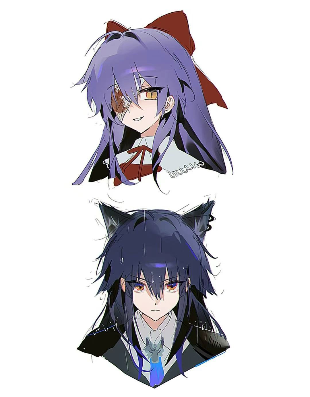 ellen (majo no ie), texas (arknights), texas the omertosa (arknights), arknights, majo no ie, chinese commentary, commentary request, highres, 2girls, ahoge, animal ears, beichezhuangle, black hair, blood, bow, closed mouth, cropped shoulders, eyepatch, eyes visible through hair, hair between eyes, hair bow, long hair, looking at viewer, medical eyepatch, multiple girls, official alternate costume, one eye covered, purple hair, red bow, simple background, sketch, smile, v-shaped eyebrows, white background, wolf ears, wolf girl, yellow eyes