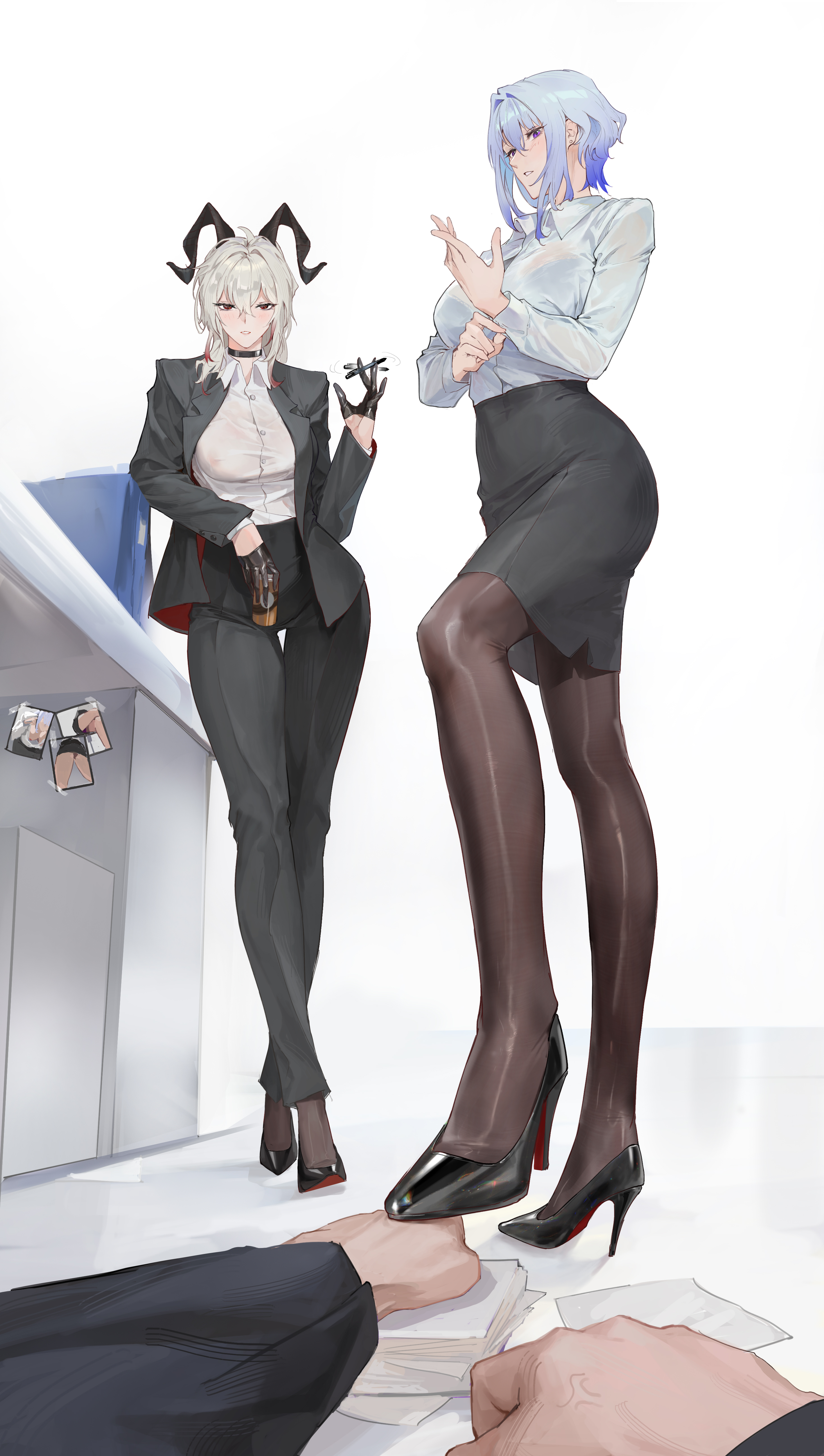 world (1257843324), galbrena (wuthering waves), zani (wuthering waves), wuthering waves, absurdres, chinese commentary, commentary request, highres, 1boy, 2girls, alternate costume, black choker, black gloves, black horns, black jacket, black pants, black pantyhose, black shoes, black skirt, breasts, can, choker, collared shirt, curled horns, drink can, gloves, grey hair, hair between eyes, half gloves, high heels, holding, holding can, horns, jacket, large breasts, long hair, long sleeves, looking at viewer, medium hair, multiple girls, office lady, pants, pantyhose, parted lips, pen spinning, pov, pov hands, red eyes, shirt, shirt tucked in, shoes, simple background, skirt, white background, white shirt