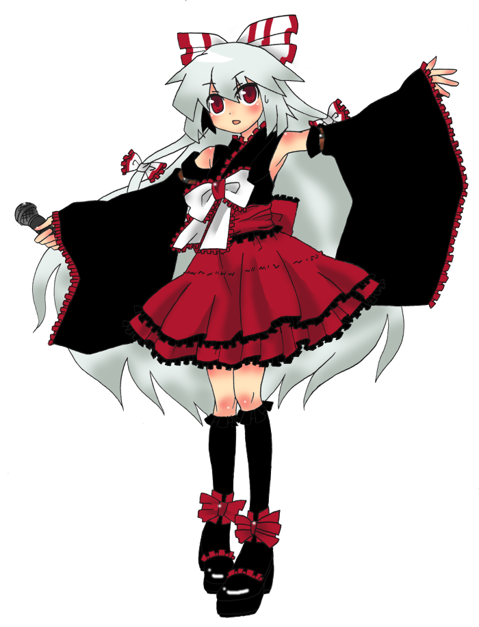 kurohagi ryou, fujiwara no mokou, touhou, 1girl, alternate costume, armpits, detached sleeves, female focus, gothic lolita, idol, japanese clothes, kneehighs, lolita fashion, microphone, red eyes, ribbon, simple background, skirt, socks, solo, wa lolita