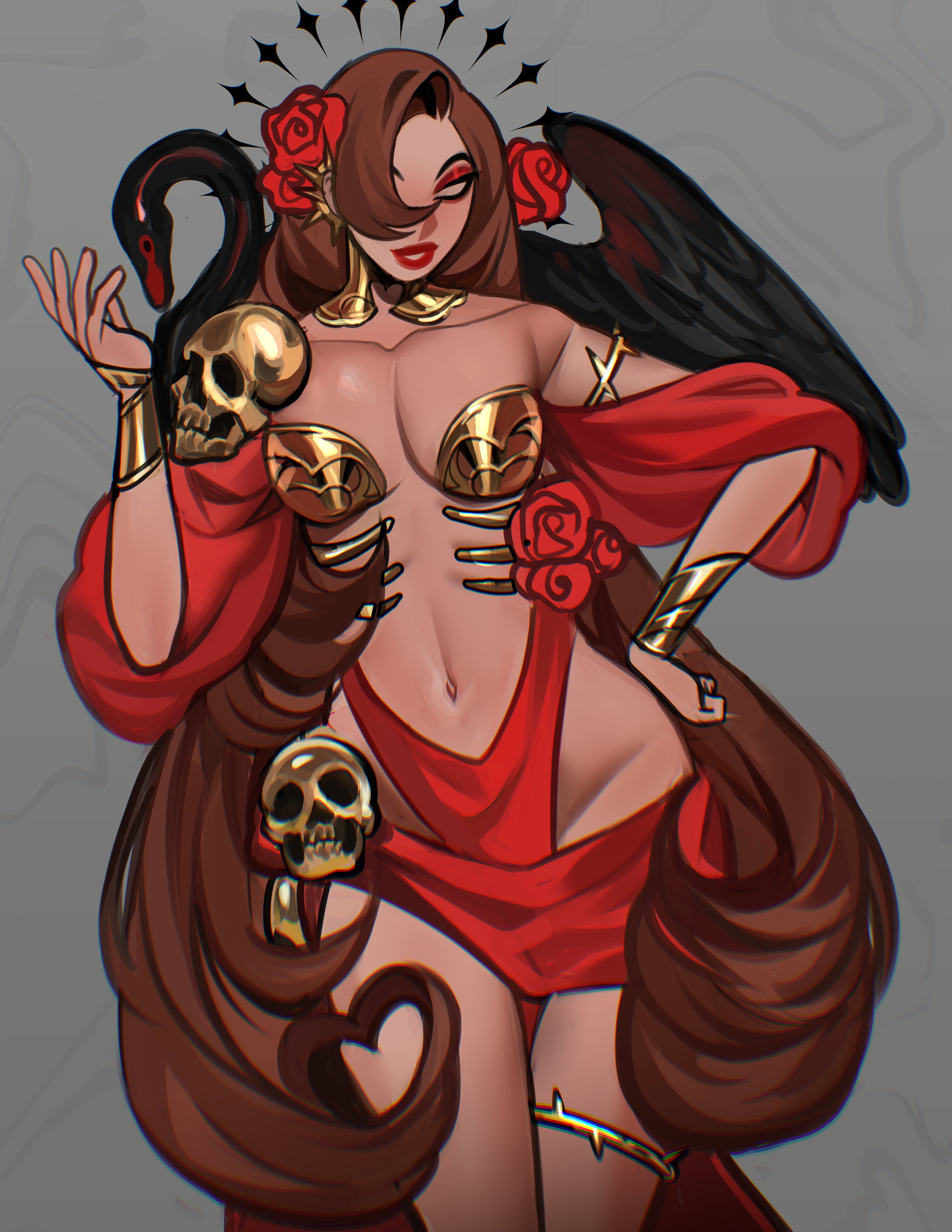 krow07, original, absurdres, highres, 1girl, animal, bare shoulders, bird, black swan (bird), bracelet, breasts, brown hair, cleavage, dress, empty eyes, eyeshadow, flower, hair ornament, jewelry, looking at viewer, makeup, neck ring, red dress, red eyeshadow, simple background, skull, smile, swan