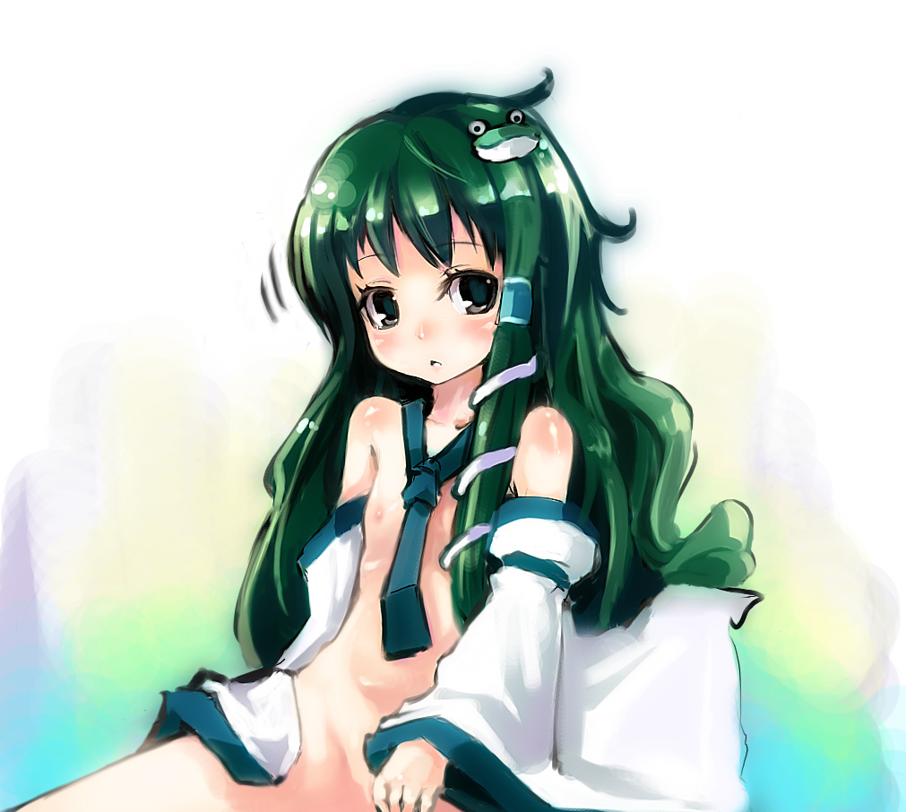 oke, yazawa oke, kochiya sanae, touhou, bad id, bad pixiv id, 1girl, blush, detached sleeves, female focus, flat chest, green hair, loli, long hair, necktie, nude, solo, square-end necktie