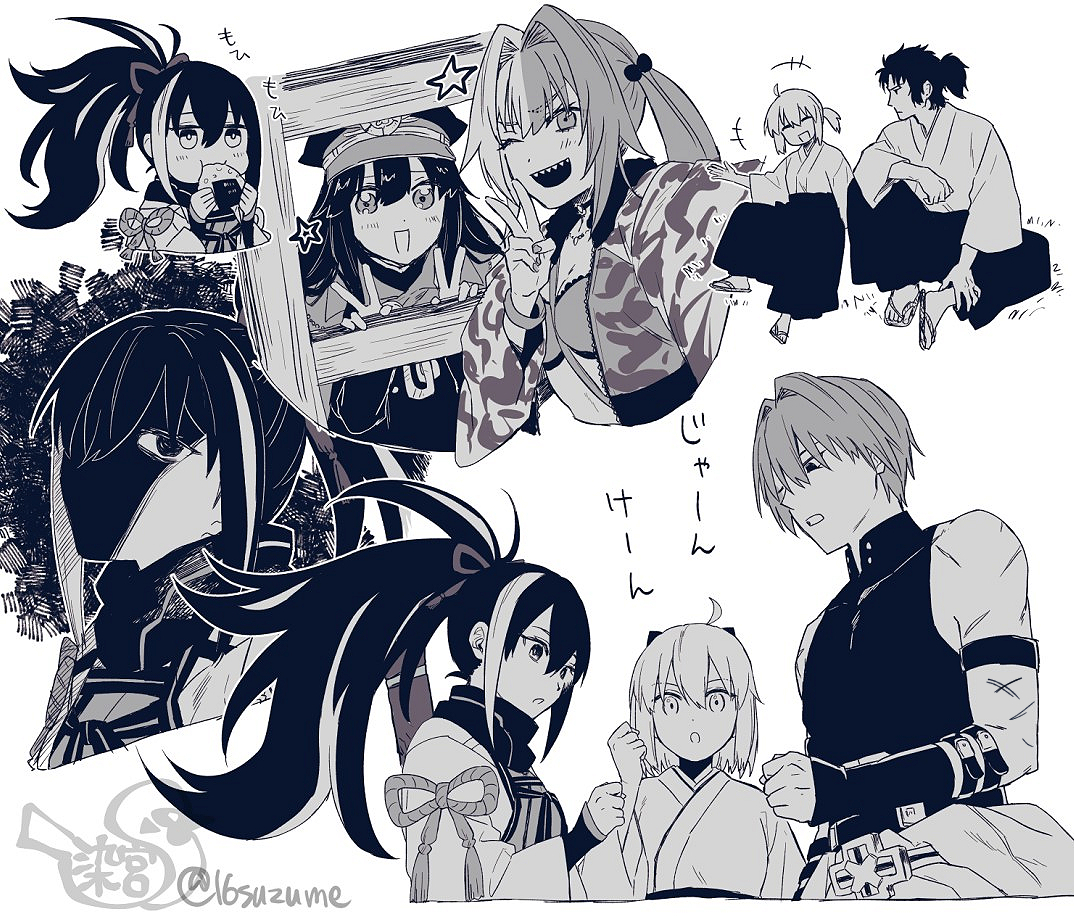 somemiya suzume, hijikata toshizou (fate), matsunaga hitsuhide (fate), oda nobunaga (fate), okita souji (fate), fate/grand order, fate (series), 2boys, 4girls, black hair, black hat, breasts, food, greyscale, harada sanosuke (fate), hat, japanese clothes, kawakami gensai (fate), long hair, monochrome, multicolored hair, multiple boys, multiple girls, multiple scars, okita souji (first ascension) (fate), one eye closed, onigiri, ponytail, rock paper scissors, sandals, scar, sharp teeth, short hair, sleeveless, teeth, twitter username, v, white hair