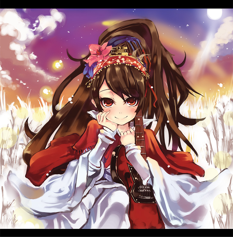 oke, yazawa oke, 1girl, brown hair, dress, female focus, field, guitar, instrument, letterboxed, long hair, orange eyes, sky, smile, solo