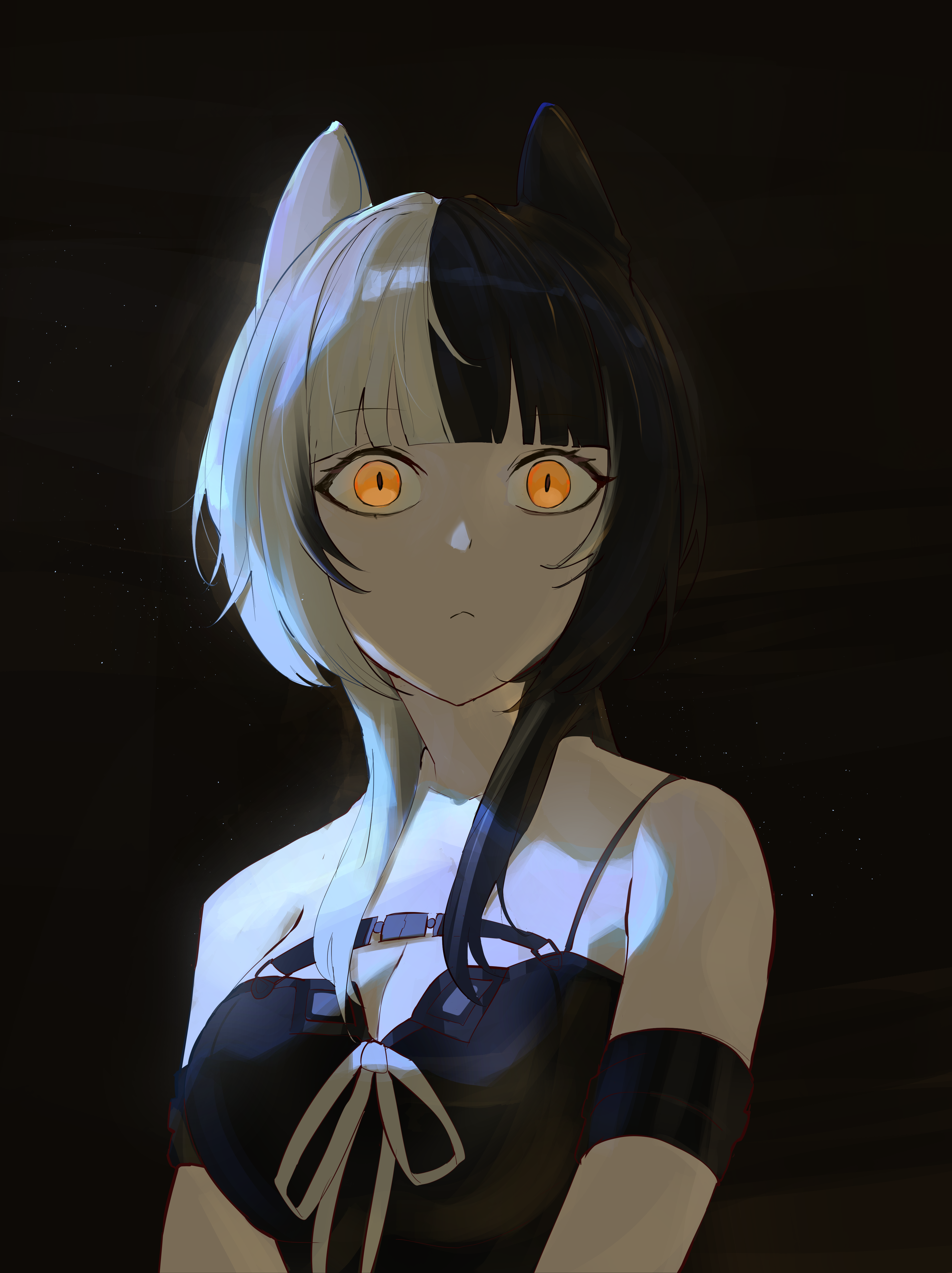 kurochanai, shiori novella, shiori novella (1st costume), hololive, hololive english, absurdres, commentary, english commentary, highres, 1girl, :<, animal ears, arm strap, bare shoulders, black background, black dress, black hair, blunt bangs, breasts, cat ears, cat girl, closed mouth, dress, grey hair, kemonomimi mode, large breasts, long hair, looking at viewer, multicolored hair, sleeveless, sleeveless dress, slit pupils, solo, split-color hair, two-tone hair, upper body, virtual youtuber, yellow eyes