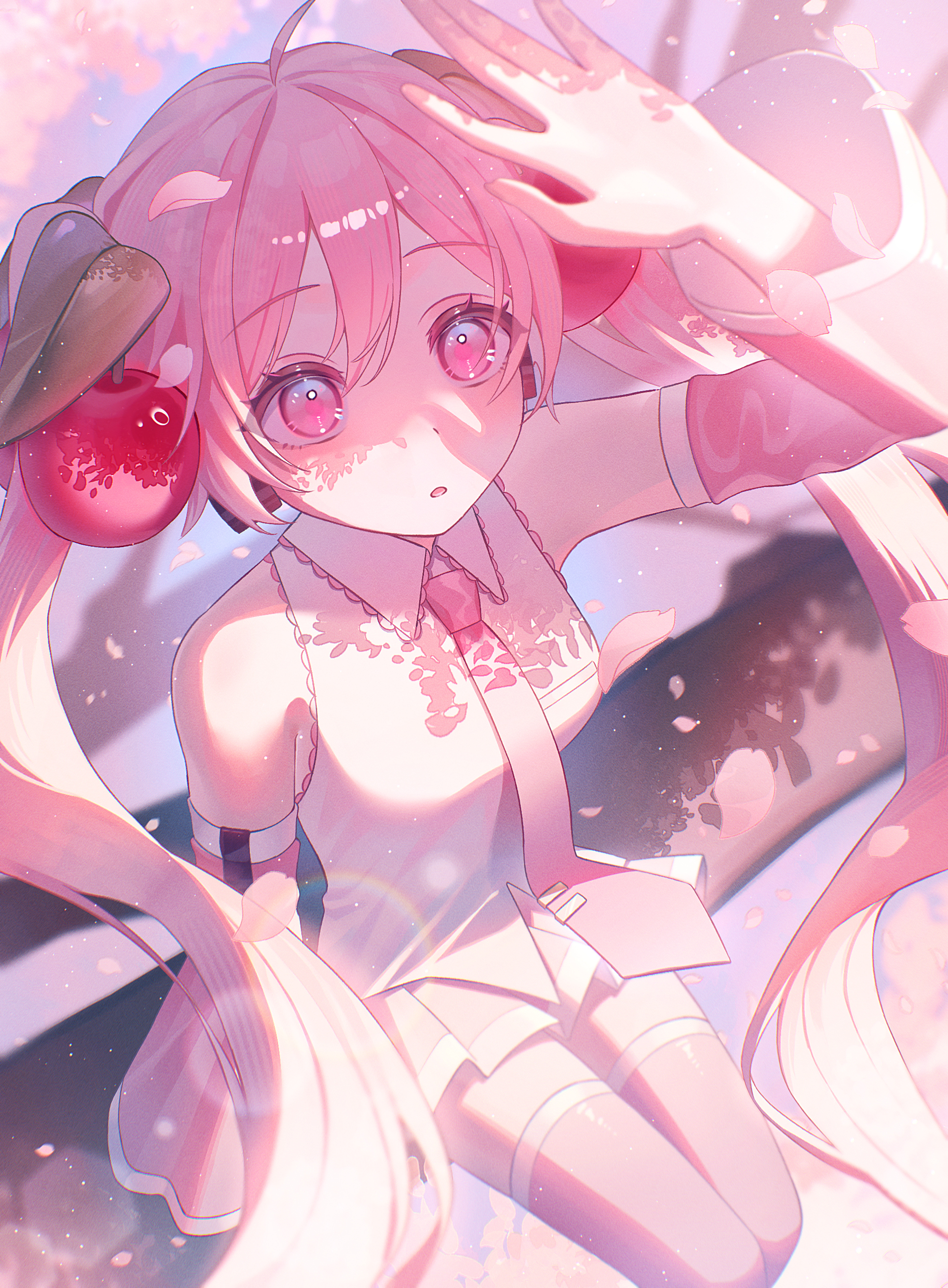051 ogoli, hatsune miku, sakura miku, vocaloid, absurdres, highres, 1girl, ahoge, boots, breasts, cherry hair ornament, collared shirt, detached sleeves, falling petals, flower, food-themed hair ornament, hair between eyes, hair ornament, headset, long hair, long sleeves, looking up, medium breasts, miku day, necktie, open mouth, petals, pink eyes, pink hair, pink necktie, pink petals, pink skirt, shade, shirt, skirt, sleeveless, sleeveless shirt, solo, thigh boots, very long hair, white shirt, wide sleeves